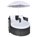 vidaXL Lit de jardin avec parasol Noir Résine tressée