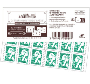 Carnet 12 timbres Marianne de l'avenir - Lettre Verte - Couverture Riches heures de l'Histoire de France