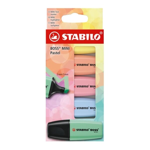 Stabilo Boss Mini Pastel Pack de 5 Marqueurs Fluorescents - Traits entre 2 et 5 mm - Encre à base d'eau - Anti-séchage - Vert  Rose  Bleu  Orange et Jaune