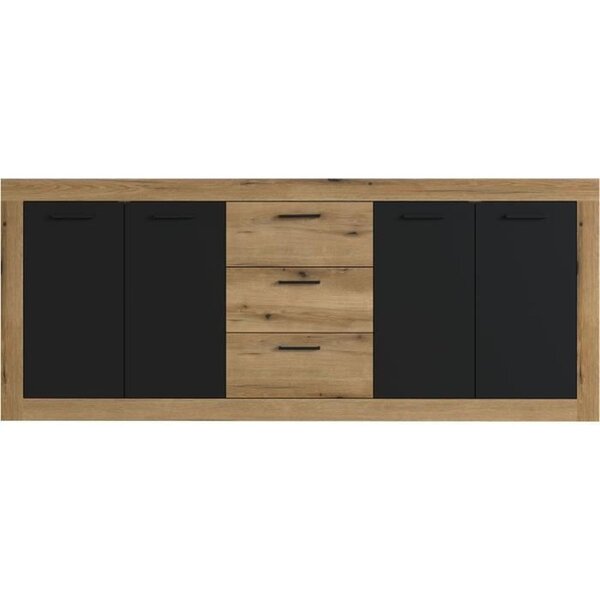 Buffet Mélaminé chêne et noir - 4 portes + 3 tiroirs - Style industriel - 206 x 45 x 83 5 cm