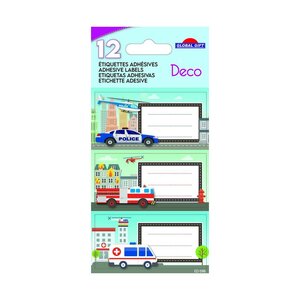 12 étiquettes adhésives scolaires - Rectangle - Voiture de police camion de pompier