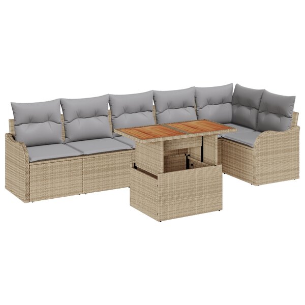 vidaXL Set de Canapé de Jardin 7 Pièces avec Coussins Beige Poly Rattan Acacia
