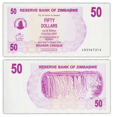 Billet de collection 50 dollars 2006 zimbabwe - neuf - p41