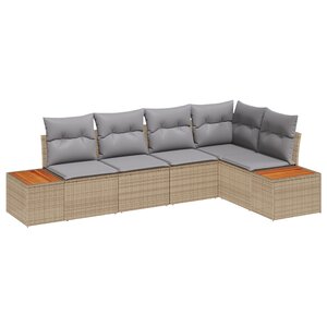 vidaXL Ensemble de Canapé de Jardin 5 Pièces avec Coussins Beige Rotin Poly Acacia