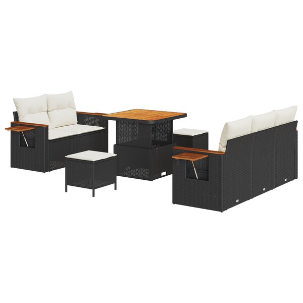 Ensemble de canapé de jardin vidaXL 8 pièces avec coussins noir en poly rattan acacia