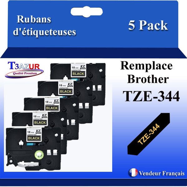 5x Rubans d'étiqueteuses compatibles avec Brother Tze344 Tze-344 pour étiqueteuses P-touch - Texte doré sur fond noir - Largeur 18 mm x 8 mètres - T3AZUR