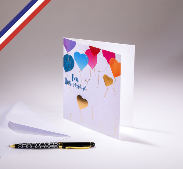 Carte double aurore créée et imprimée en france sur papier certifié pefc - bon anniversaire - ballons et cœurs