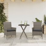 vidaXL Ensemble de bistro avec coussins 3 Pièces gris rotin et verre