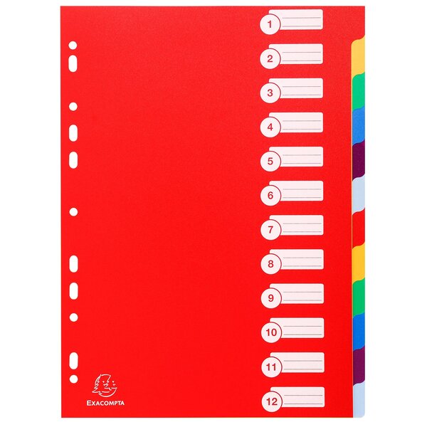Intercalaires Polypropylène Opaque Semi Rigide 12 Positions - A4 - Couleurs Assorties - X 15 - Exacompta
