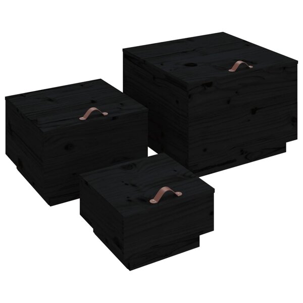 vidaXL Boîtes de rangement et couvercles 3 Pièces Noir Bois massif de pin