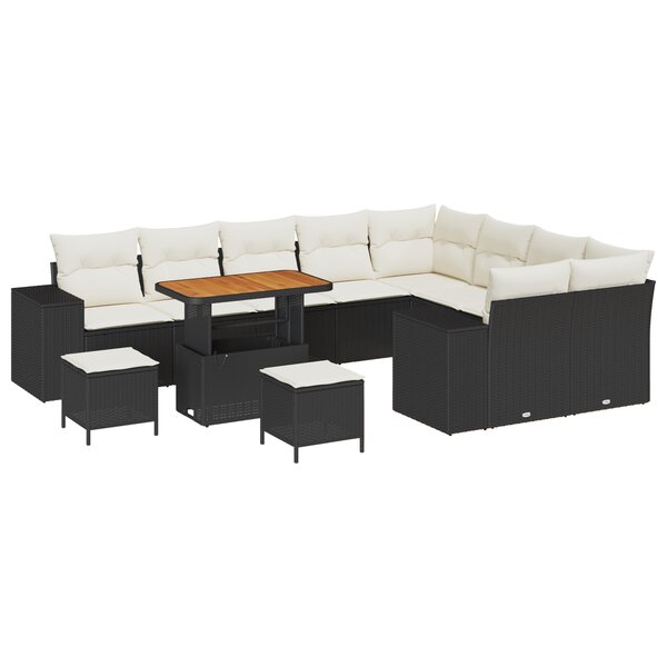 Set de canapé de jardin vidaXL 12 pièces avec coussins Noir poly rotin acacia