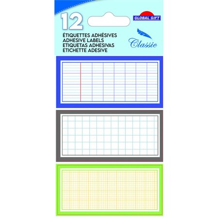 12 étiquettes adhésives scolaires - Quadrillé effet cahier - tons bleus