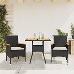 vidaXL Ensemble à manger de jardin et coussins 3 Pièces noir rotin acacia