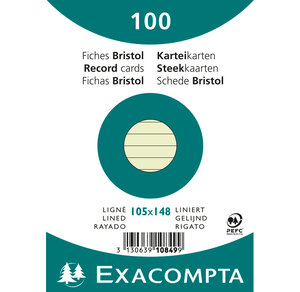 Paquet de 100 Fiches Bristol A6 vert ligné. s/s film EXACOMPTA