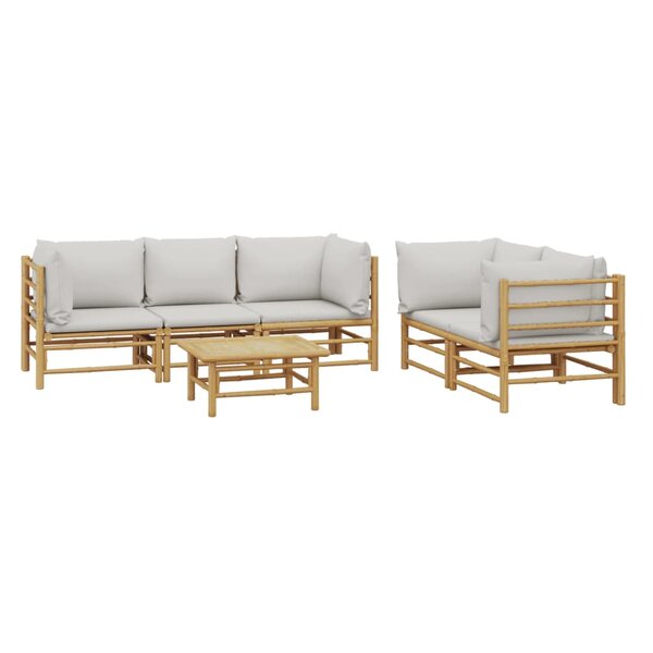 Salon de jardin meuble d'extérieur ensemble de mobilier 6 pièces avec coussins gris clair bambou 02_0016774