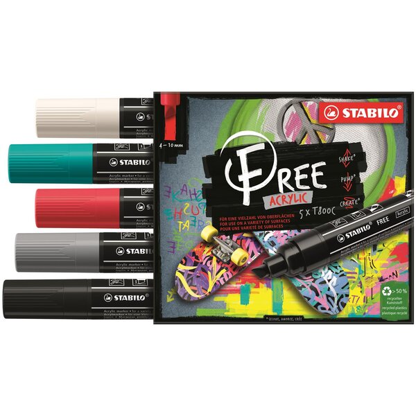 Etui carton 5 marqueurs pointe large FREE acrylic T800C Set 2 'Bold' x 5 STABILO