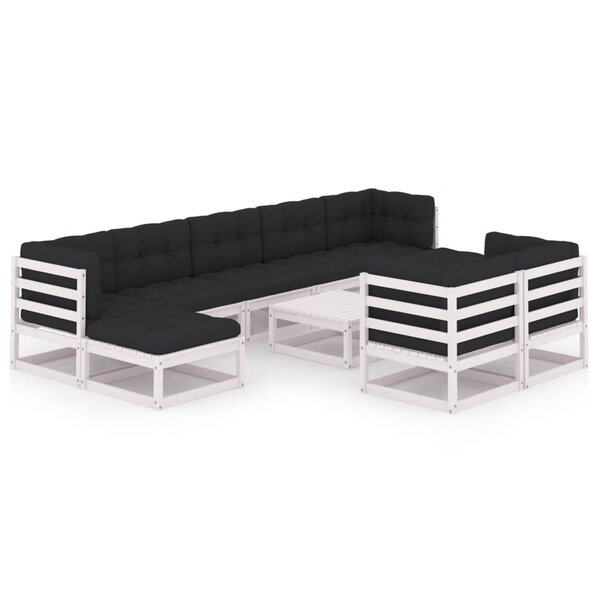 vidaXL Salon de jardin 10 Pièces avec coussins Blanc Bois de pin massif