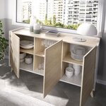 Buffet bas NESS - Mélamine bois clair et blanc - 3 Portes - 155 x 43 x 75 cm