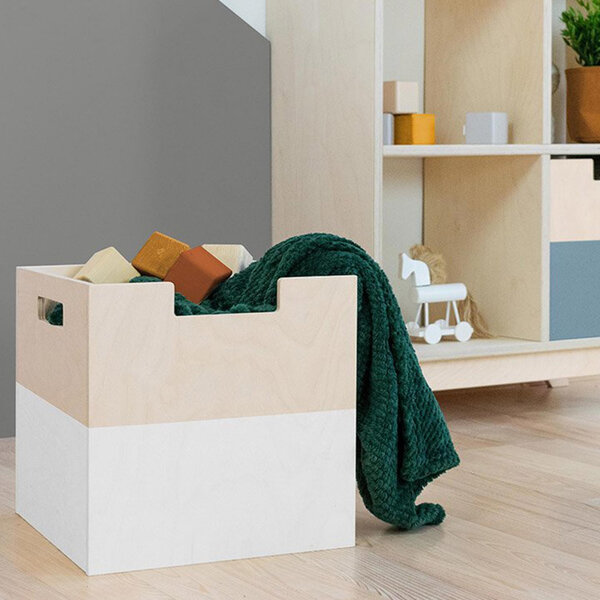Boîte de rangement bois modèle 2 - poignées - Blanc et bois naturel - 33 x 33 x 37 cm
