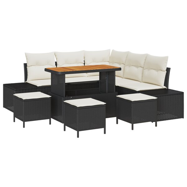 Ensemble de canapé de jardin de 9 pièces avec coussins noir en rotin poly et acacia