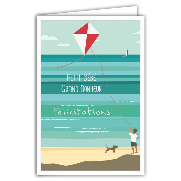 Carte Félicitations Petit Bébé Grand Bonheur avec Enveloppe pour Naissance Baptême Adoption Anniversaire Garçon Cerf-Volant Chien Rétro Vintage - Affichette Mini Posters Format 17x11 5cm