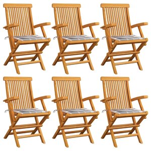 vidaXL Chaises de jardin coussins à carreaux gris lot de 6 Teck massif