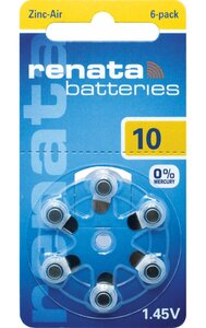 Blister de 6 Pile auditive ZA10 Zinc Air 0% Mercury 1,45V x 500 RENATA