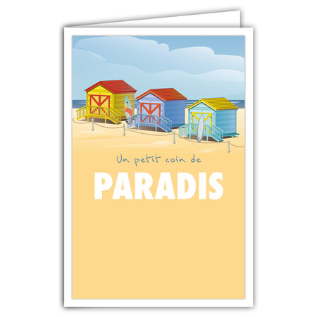 Carte Postale Un petit coin de Paradis avec Enveloppe - Affichette Mini Posters Format 17x11 5cm Cabines Plage Sable Surf Vacances Journée à la Mer Départ Retraite Rétro Vintage Beige