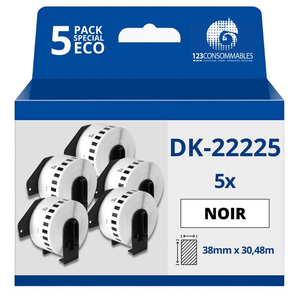Pack de 5 Rouleaux Étiquettes compatible BROTHER DK-22225 - Largeur 38 mm x 30 48 m