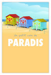 Carte Postale Un petit coin de Paradis avec Enveloppe - Affichette Mini Posters Format 17x11 5cm Cabines Plage Sable Surf Vacances Journée à la Mer Départ Retraite Rétro Vintage Beige
