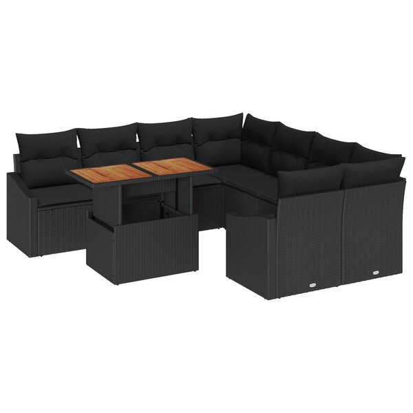 vidaXL Ensemble de Salle à Manger de Jardin 9 Pièces avec Coussins en Poly Rattan Noir Acacia