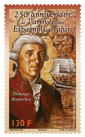 Timbre Polynésie Française - 250ème anniversaire de l'arrivée des Espagnols à Tahiti - Domingo Boenechea