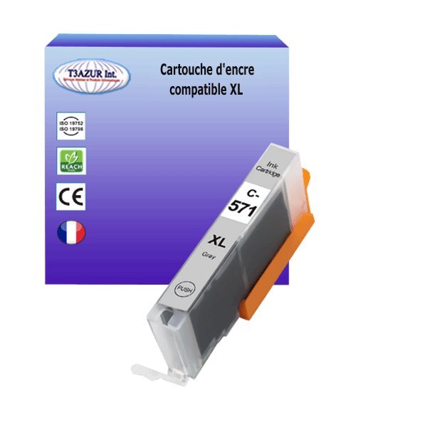 Cartouche compatible avec Canon Pixma MG6853, MG7750, MG7751, MG7752, MG7753 remplace Canon CLI571 XL Gris- T3AZUR