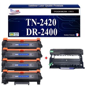 T3AZUR - Kit Tambour+ 4 Toners compatibles avec Brother TN2420 DR2400 pour Brother HL-L2375DW HL-L2350DW DCP-L2530DW DCP-L2550DN MFC-L2710DW HL-L2310D MFC-L2730DW L2750DW - 3 000 pages