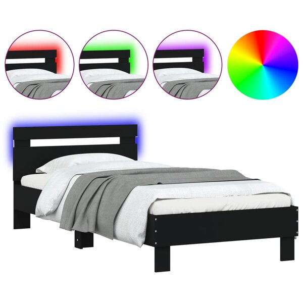 vidaXL Cadre de lit avec tête de lit et lumières LED noir 90x190 cm