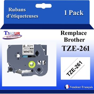 Ruban d'étiqueteuse compatible avec Brother Tze261 Tze-261 pour étiqueteuses P-touch - Texte noir sur fond blanc - Largeur 36 mm x 8 mètres - T3AZUR