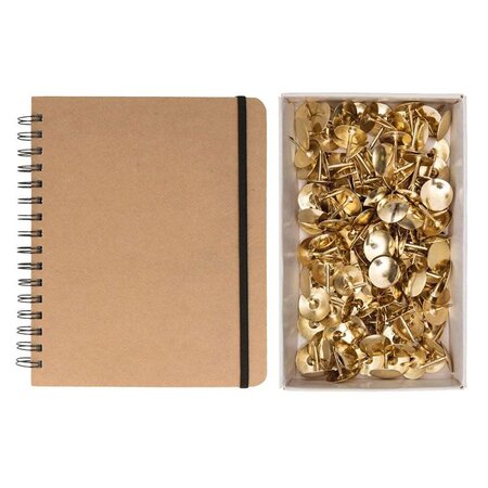 Carnet de notes kraft quadrillé avec spirales + 150 punaises dorées