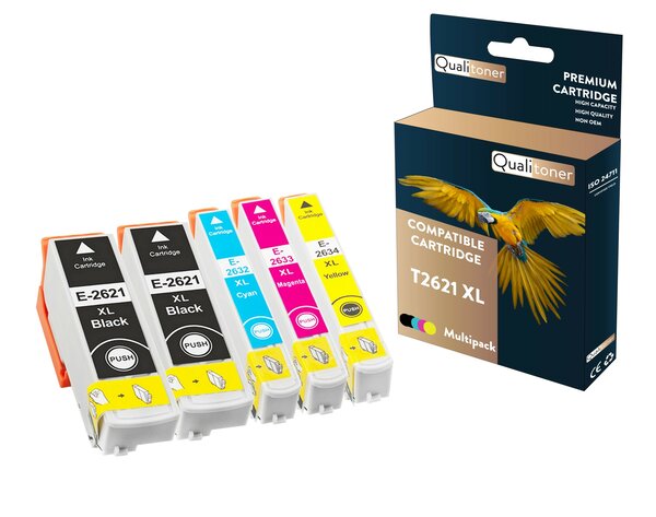 Qualitoner - 5 cartouche compatible pour epson t2621xl t2621 xl + t2632 xl + t2633 xl + t2634 xl + t2631 xl noir + cyan + magenta + jaune + photo noir (ours)