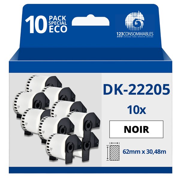 Pack de 10 Rouleaux Étiquettes compatible avec BROTHER DK-22205 - Largeur 62 mm x 30 48 mètres - Texte noir sur fond blanc