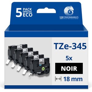 Pack de 5 Rubans compatible avec Brother TZe345 - Texte blanc sur fond noir - Largeur 18 mm x 8 mètres