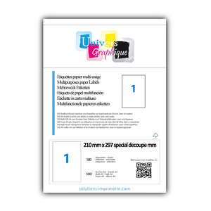 Lot de 500 planches a4 de 1 étiquettes à bords vifs 210 x 297 special decoupe en papier blanc 70g/m² multifonction avec 5 refentes au verso pour créer des stickers ou autocollants