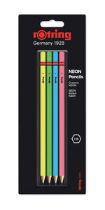 Rotring set de 4 crayons en bois neon hb : vert bleu jaune et rose