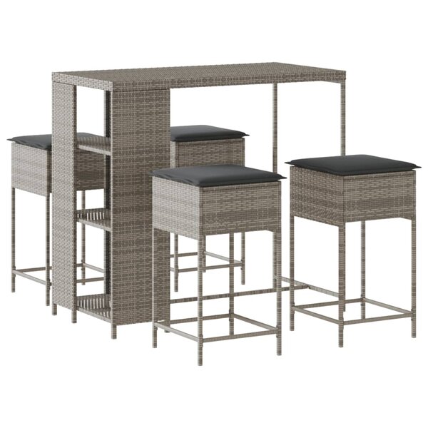 vidaXL Ensemble de bar de jardin 5 Pièces avec coussins gris poly rotin