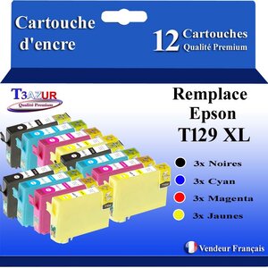 T3AZUR- 12x Cartouches Compatibles avec Epson T1291 T1292 T1293 T1294 remplace Epson Stylus SX235W SX525WD SX425W SX445W Stylus Office BX535WD WF3520 WF7515 WF7525