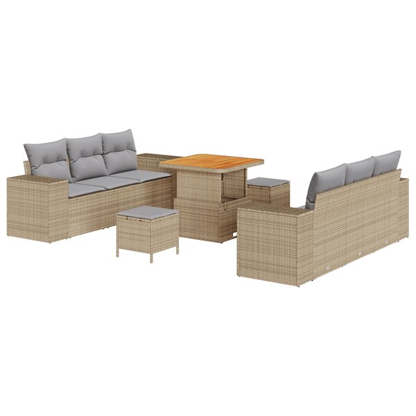 Ensemble de Canapés de Jardin 9 Pièces avec Coussins Beige Poly Rattan Acacia