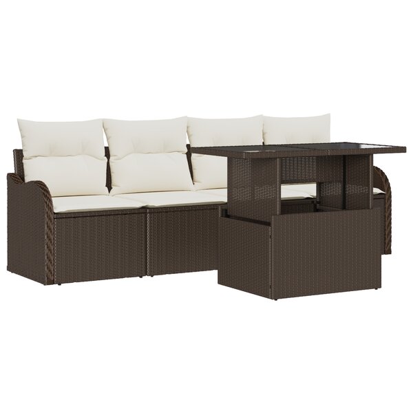 Ensemble de canapé de jardin 5 pièces avec coussins marron en poly rotin