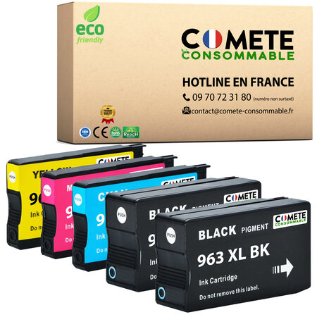 COMETE  Marque française - 963XL - 5 Cartouches d'encre Compatibles avec HP 963 XL - pour Cartouche 963 HP Officejet Pro 9010  9014  9015  9016  9018  9019  9020  9022  9023