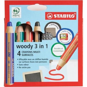 Etui carton x 4 crayons multi-talents STABILO woody 3in1 pour ardoises et tableaux blanc + 1 taille crayon + 1 chiffonnette - noir +