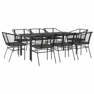 vidaXL Ensemble à manger de jardin coussins 9Pièces noir poly rotin verre