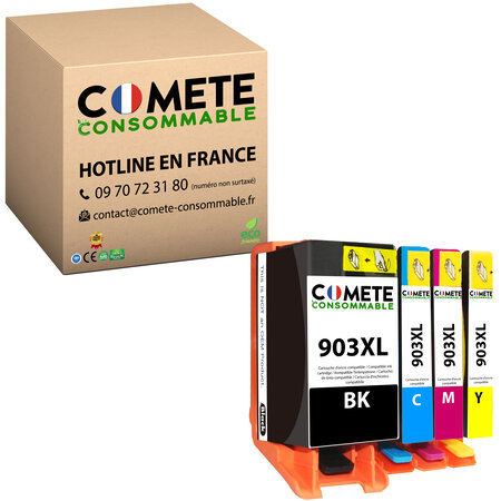 COMETE, Marque française - 903XL - 4 Cartouche d'encre Compatible avec HP 903 XL - Cartouche 903 XL pour HP Officejet Pro - Noir Cyan Magenta Jaune